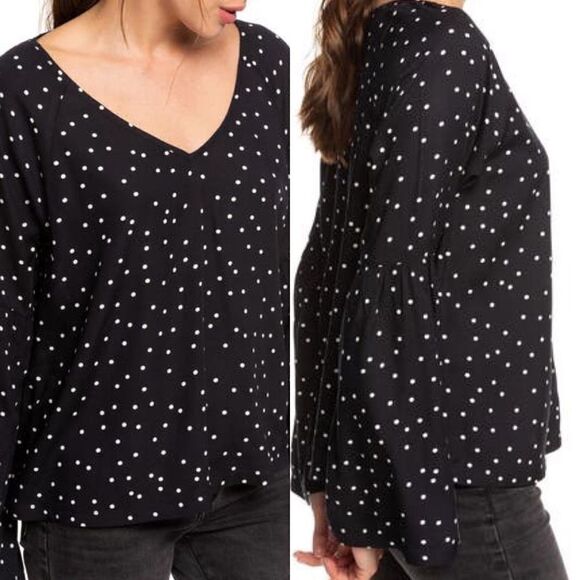 🆕 Roxy Polka Dot Bell Sleeve Viscose V Neck Top - Picture 1 of 12